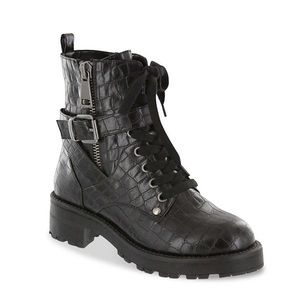 Black alligator skin combat boots